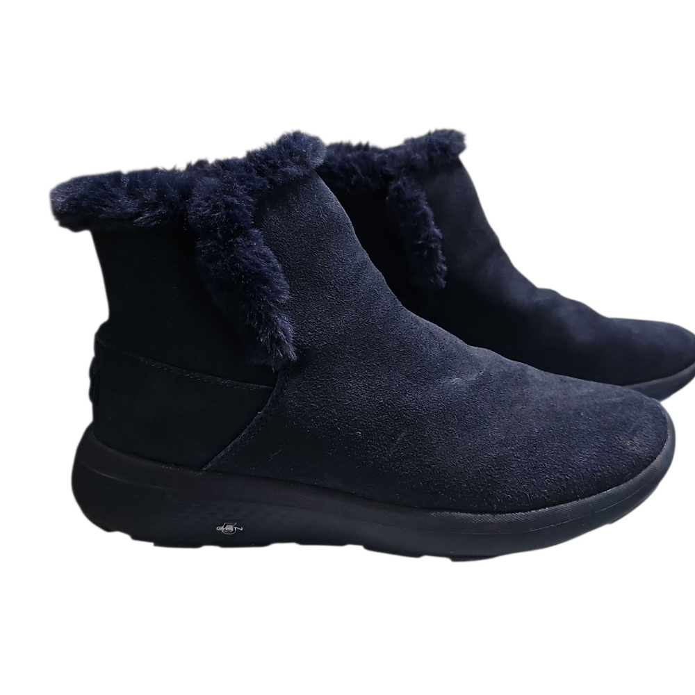 Skechers Goga Max Women’s 7.5 Navy Suede Faux Fur Ankle Boots Winter Comfort Y2K - Picture 4 of 8